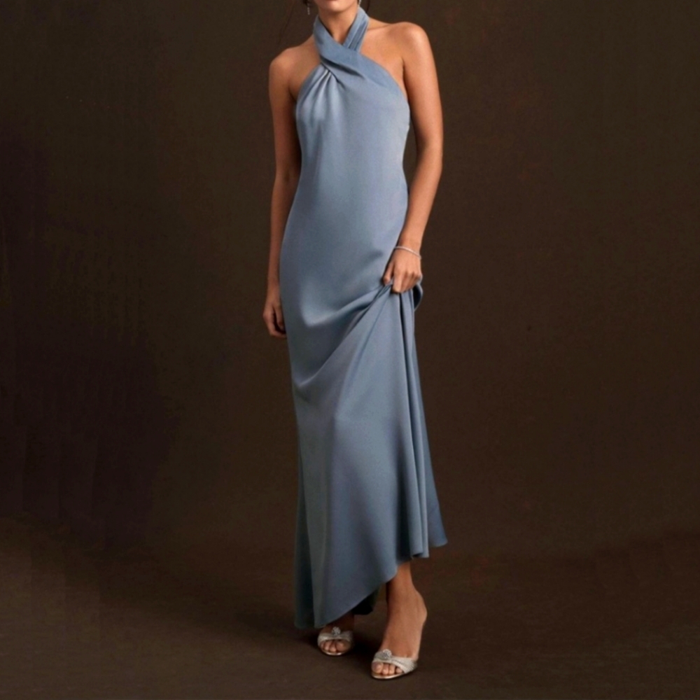 Anthropologie BHLDN Ruby Twist Halter Satin Gown in Dusty Blue